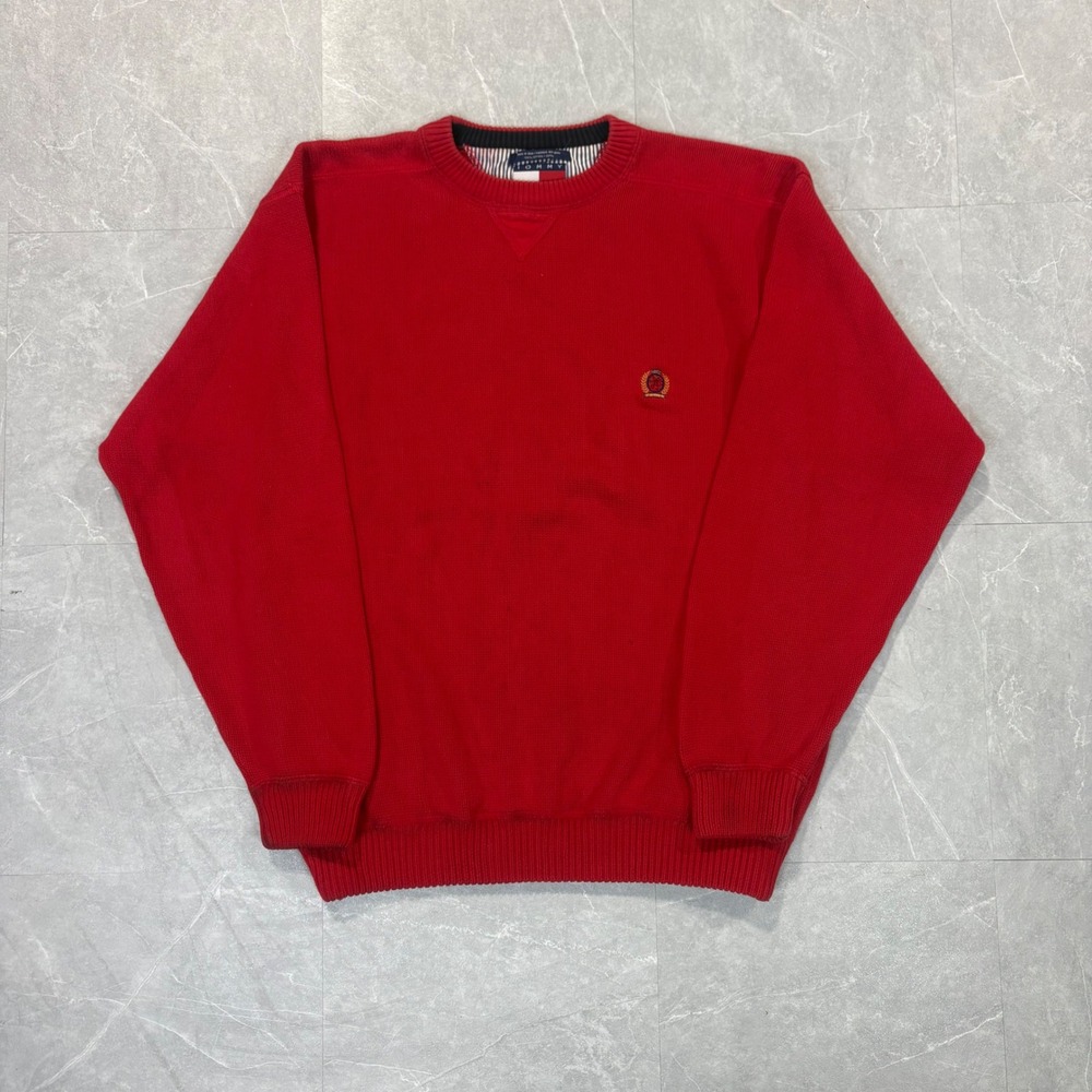 Tommy Hilfiger Mens Red Cotton Knit Crewneck Sweater Crest Logo Large Vintage